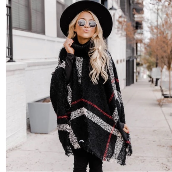 LAST 1️⃣Navy Blue Plaid Stripe Turtleneck Poncho - Picture 2 of 6